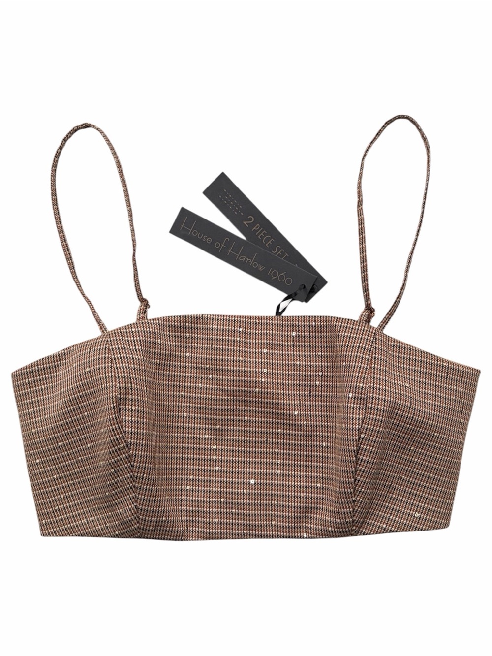 NWT House Of Harlow 1960 Brown Plaid Bralette Cropped Smocked Sequined Top sz XS